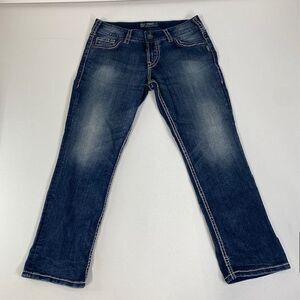 Silver Jeans Suki Capri Medium Wash Denim Embellished Pockets Stretch Size 25‎